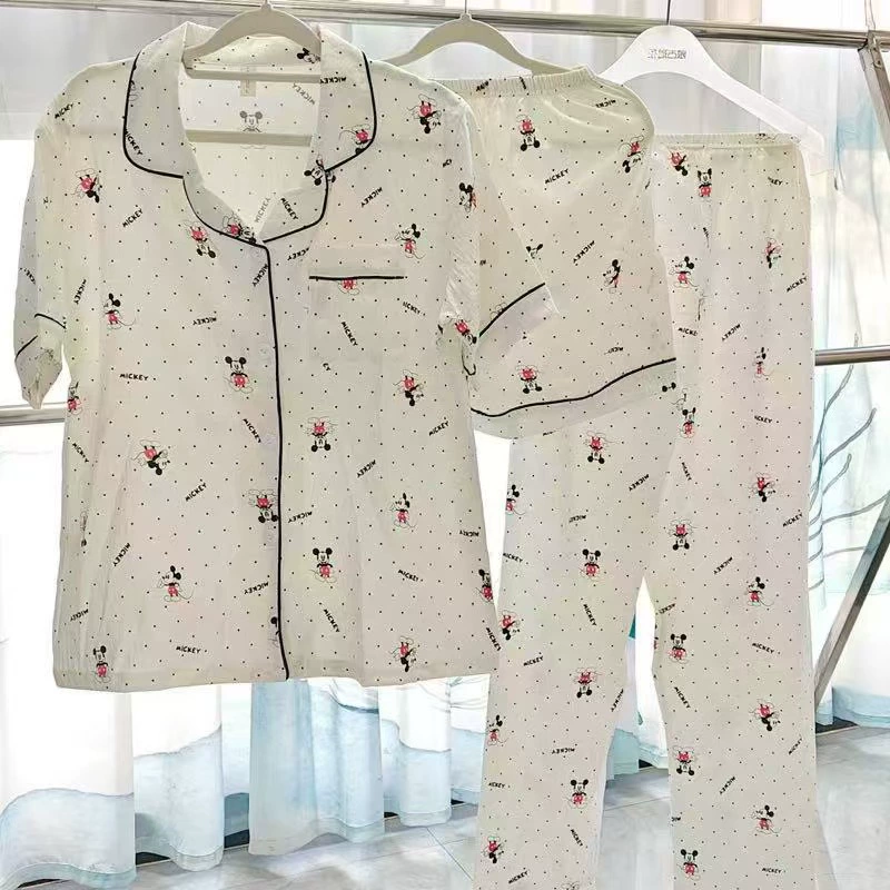 Женские летние пижамы из хлопчатобумажной ткани с коротким рукавом и шортами, трехпредметный костюм для дома и улицы, с мультяшными рисунками, для трансграничной внешней торговли.