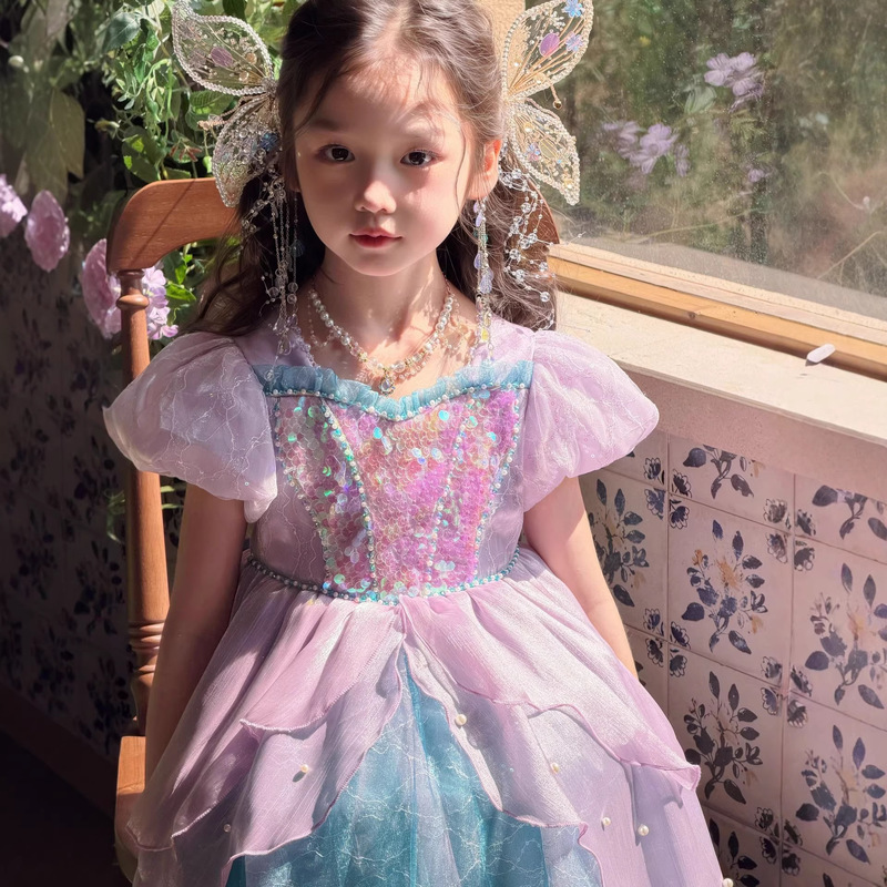 Manufacturer's Girls' Dress with Pearls and Sequins, Mermaid Princess Dress for Birthday, Christmas, and Children's Day Performance Attire
