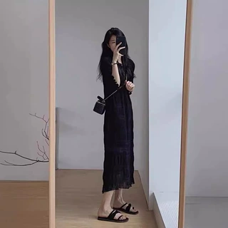 新款小个子冷淡风高级感气质名媛黑色修身显瘦连衣裙子女夏季