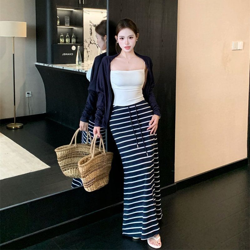 内搭吊带女三件套开衫原版条纹长裙高腰夏季休闲套装长袖做法兔毛