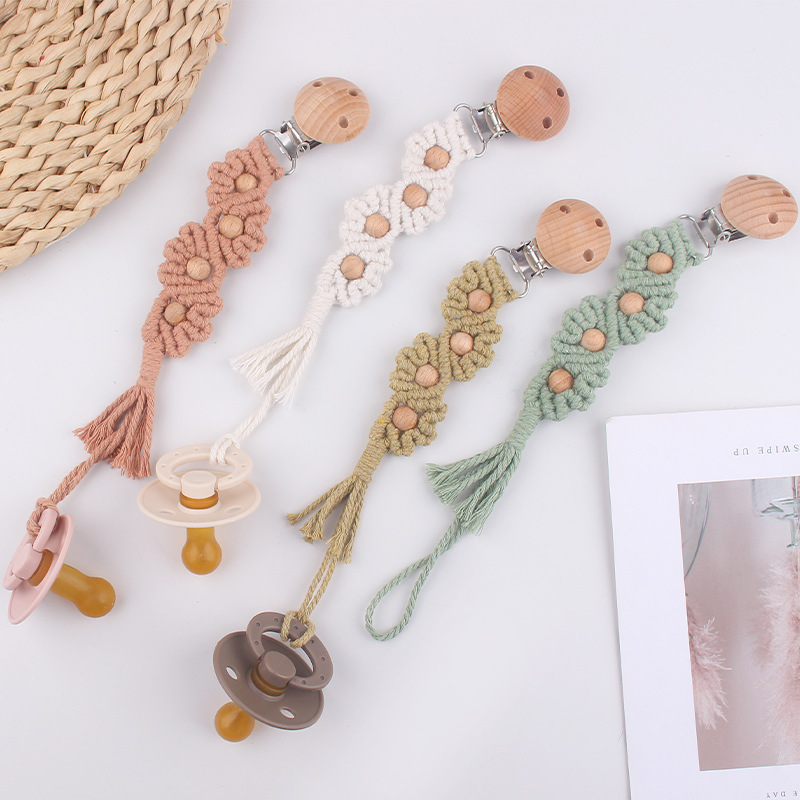 Cadena de pezón de cuentas de haya para bebés, bebé de bricolaje, forma de concha tejida a mano, chupete de cuerda de algodón, cadena anti-caída