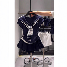 韩系一整套休闲运动服套装女夏季披肩海军领T恤+云朵蓬蓬裙两件套