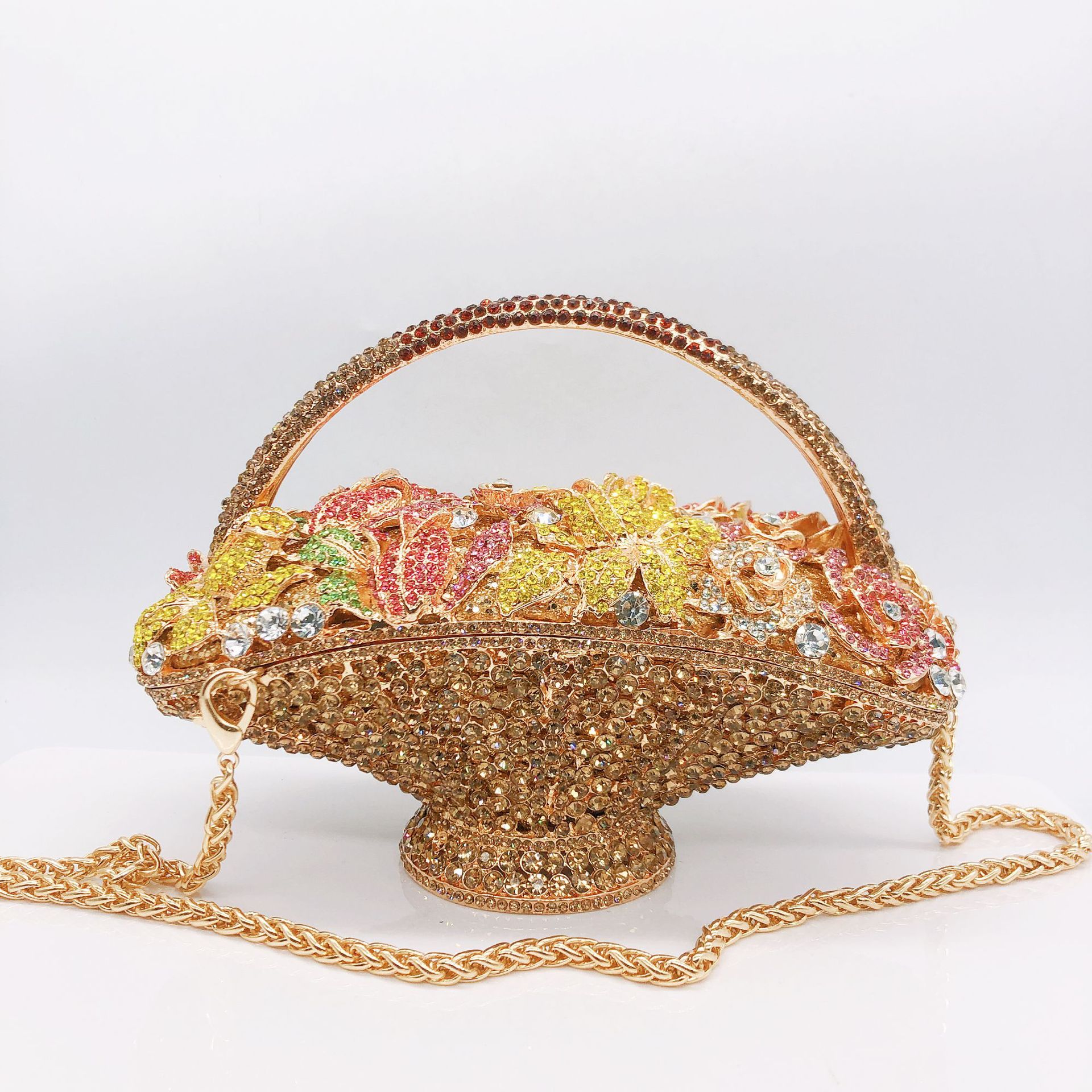Túi clutch nữ đính kim cương giả hình giỏ hoa, xách tay dự tiệc, đeo chéo một bên vai — 1 # màu hồng, 2 # vàng trắng, 3 # màu bạc, 4 # Champagne chi tiết 4