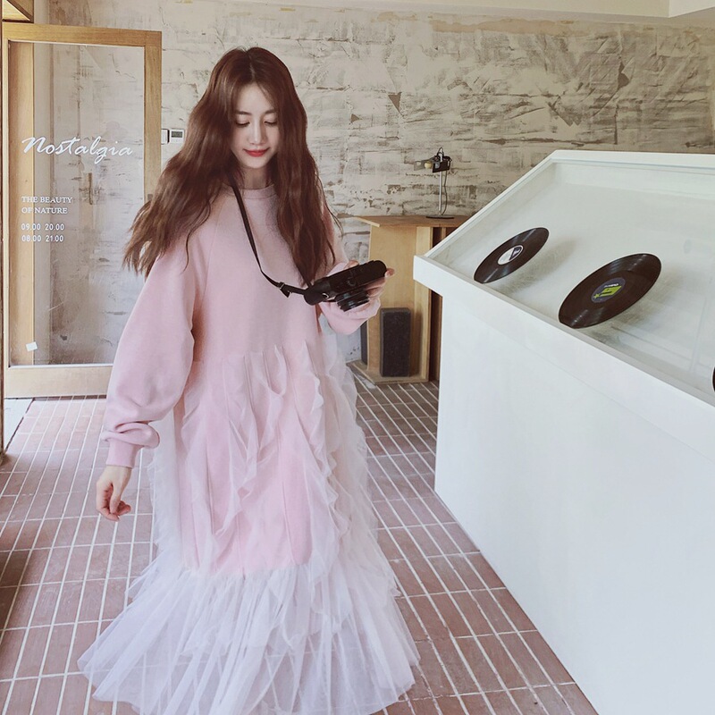 网纱拼接连衣裙女2025秋新款中长款长袖卫衣裙甜美清新长裙子减龄|undefined