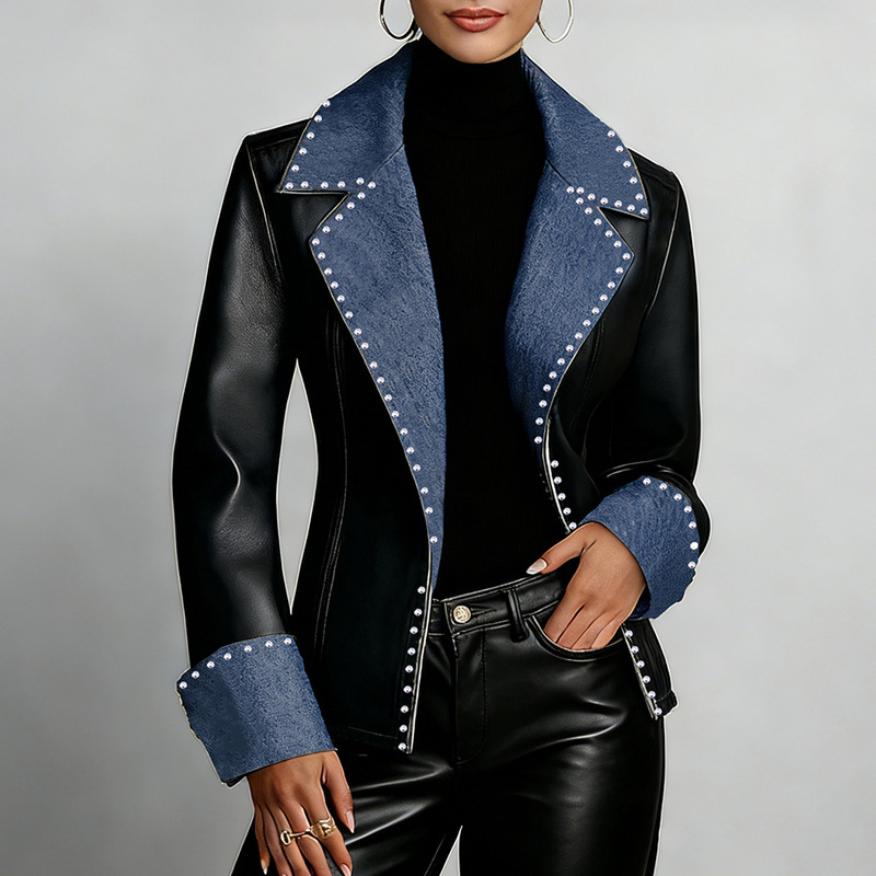 Women's European and American Style Spring and Autumn Denim Patchwork Pu Faux Leather Studded Notch Lapel Long-Sleeve Jacket, in Stock for Quick Delivery Women's European and American Style Spring and Autumn Denim Patchwork Pu Faux Leather Studded Notch Lapel Long-Sleeve Jacket, in Stock for Quick Delivery