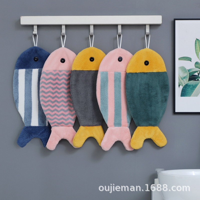 Cross-Border Cartoon Fish Hand Towel, Absorbent, Soft, Household, Cute, Children's Kitchen and Bathroom Thickened Hand Towel