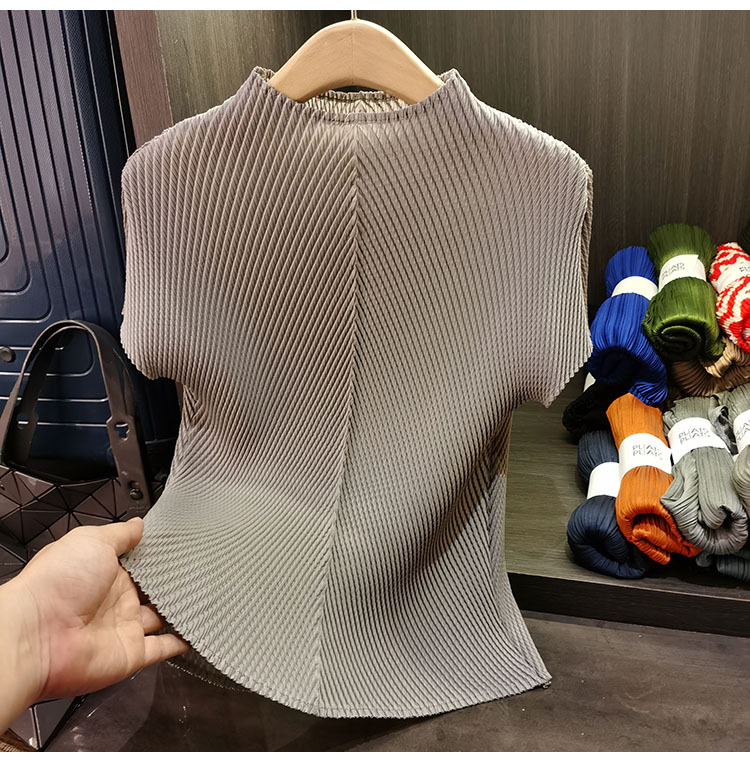 Áo cổ đứng xếp li vảy rồng tay ngắn nữ cao cấp đa năng — Màu đen, Màu đỏ hoa hồng, Màu hồng, Màu xanh lá chi tiết 16