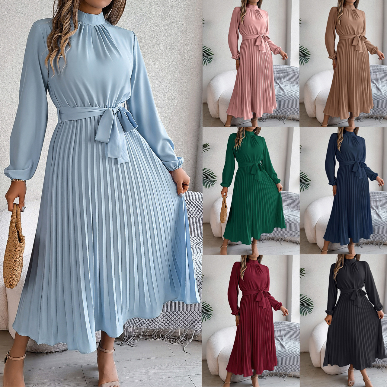 2025欧美跨境女装秋冬新款气质优雅立领收腰百褶纯色长袖连衣裙女