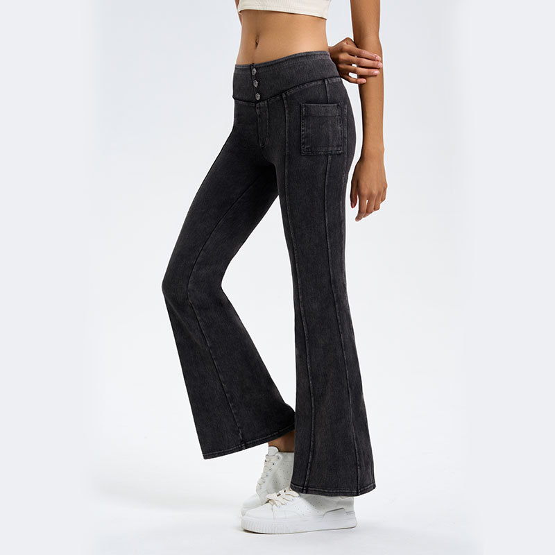 Nuevos pantalones acampanados de yoga de mezclilla de cintura alta para mujer, pantalones deportivos informales para fitness con control de abdomen de alta elasticidad y bolsillo para levantar la cadera.