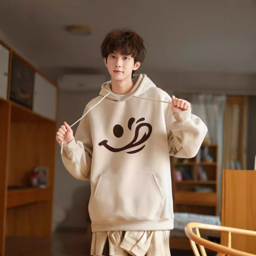 250g Heavyweight Smiling Print Hooded Fleece Sweatshirt for Men Autumn American Style Boy with Hat Outerwear