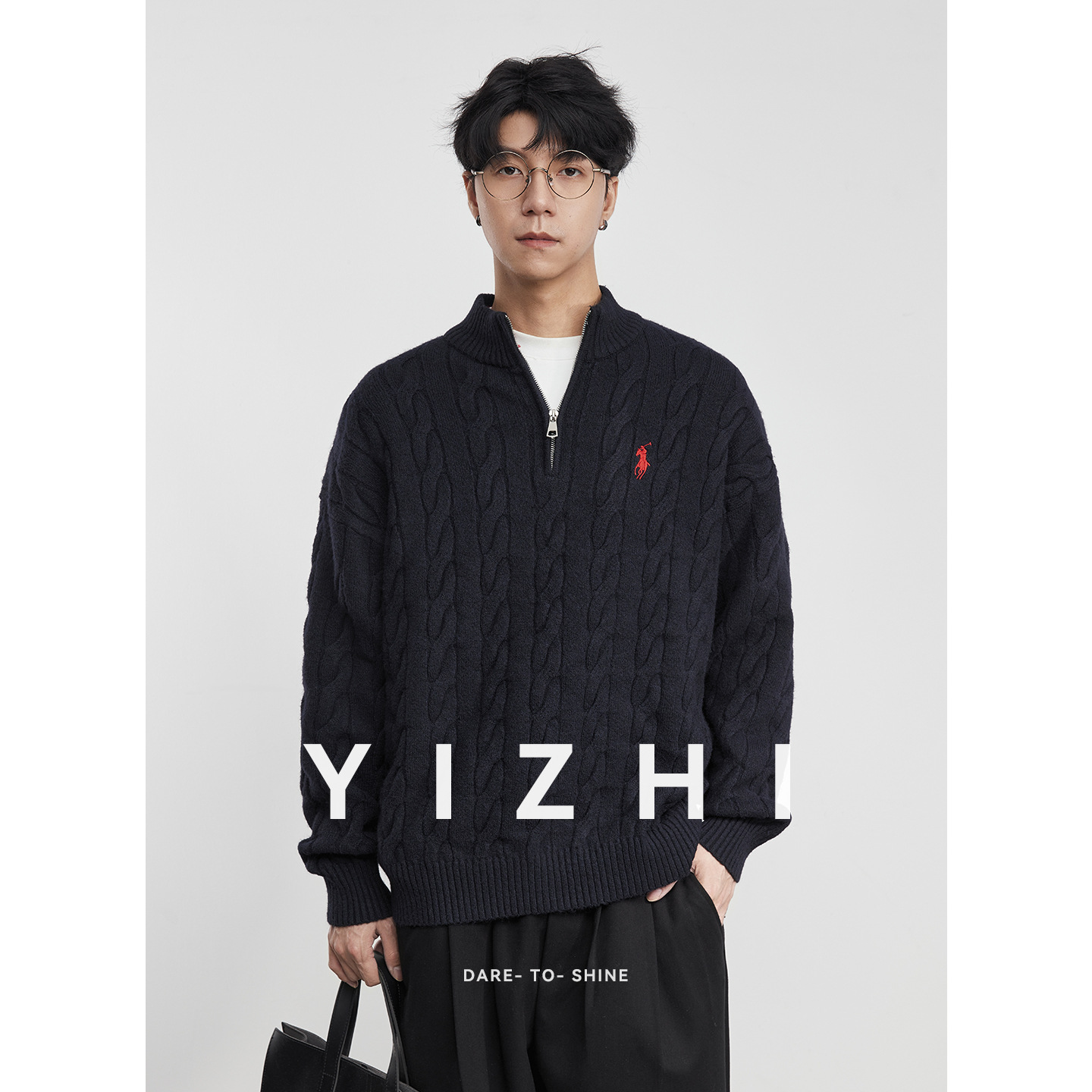 亦止【潮藏】秋冬季老钱刺绣麻花肌理感2025男士针织半开高领毛衣