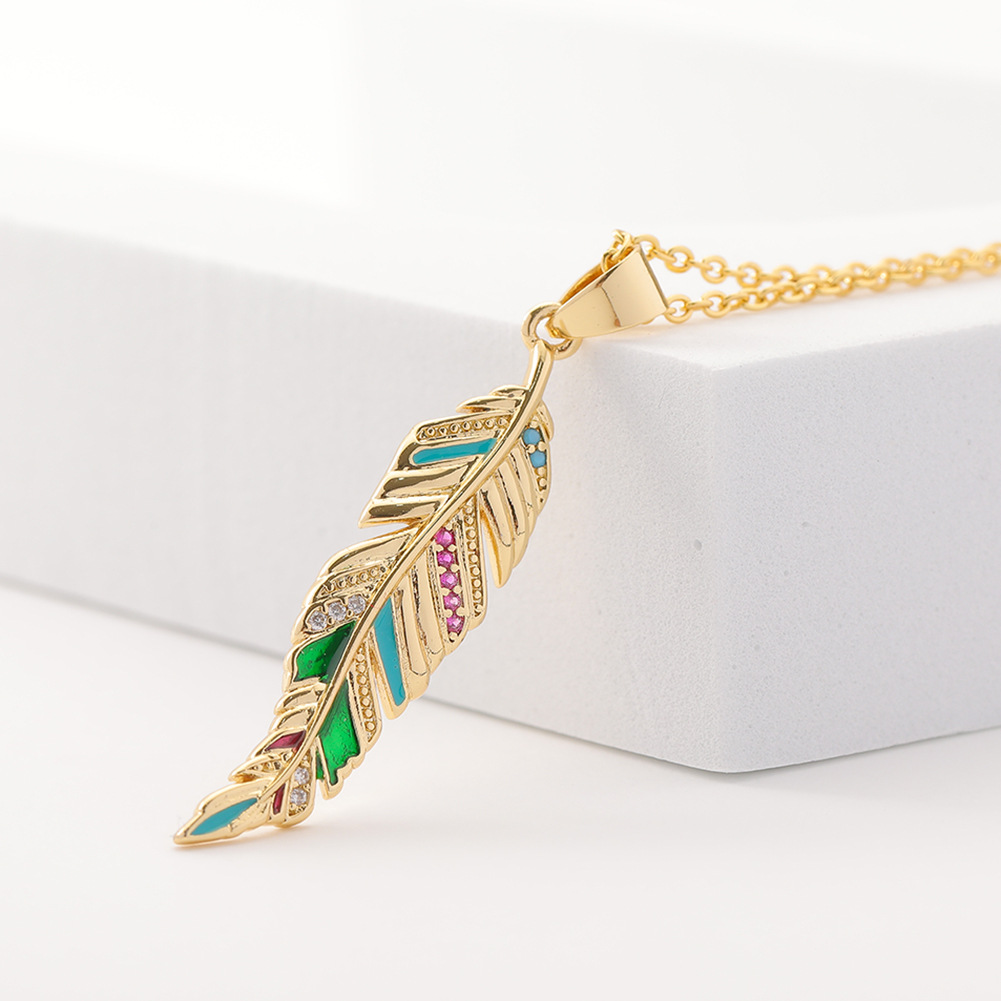 fashion copper micro-inlaid zircon pendant leaf feather necklace female