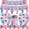 21 Pink Stitch Party Supplies Set [Flag+Cake Card+Balloon+Spiral]