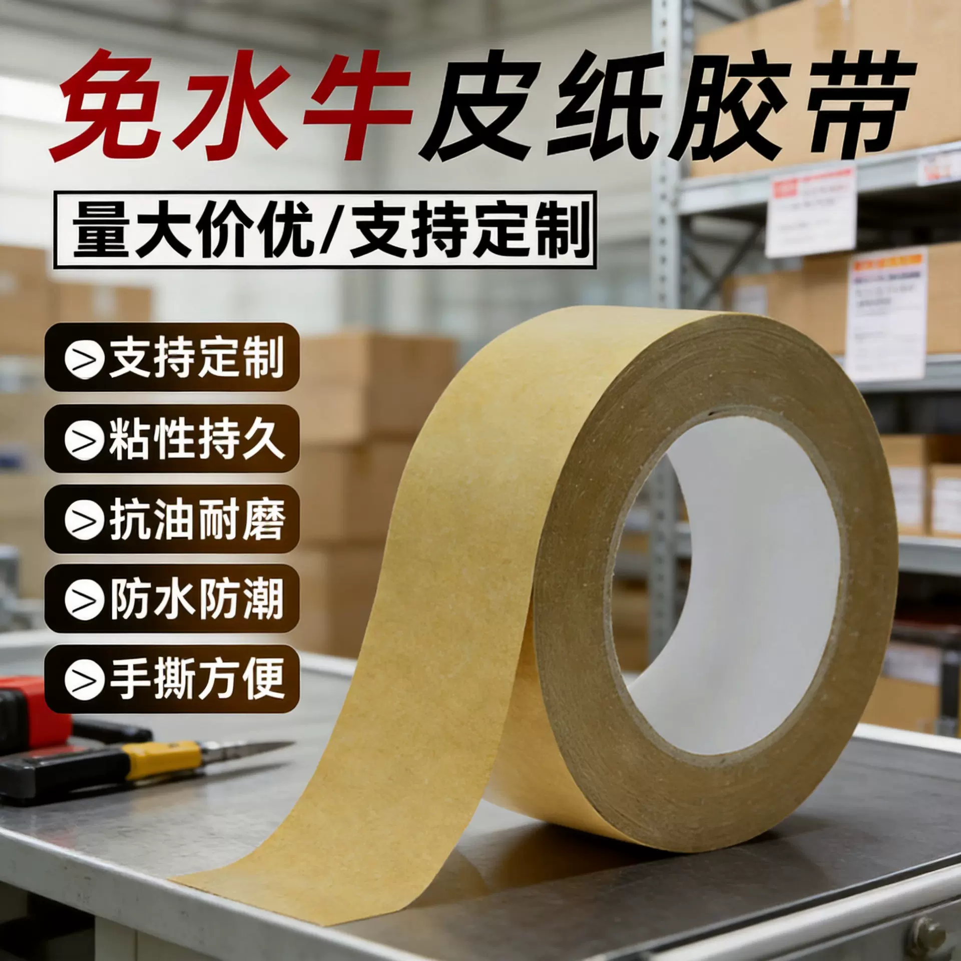牛皮纸胶带高粘度强力手撕胶条快递包装打包相框裱画免水自粘胶布