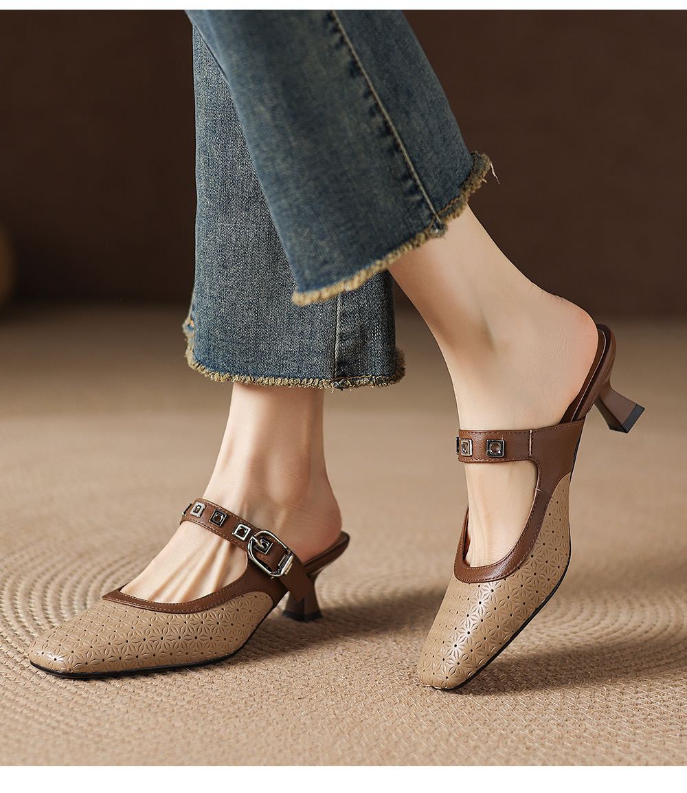Sandal nữ quai ngang mũi vuông gót 5 cm phối màu — màu trắng ngà chi tiết 7