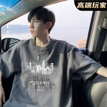 100%纯棉短袖男夏季新款宽松港风百搭圆领T恤印花半袖潮牌上衣