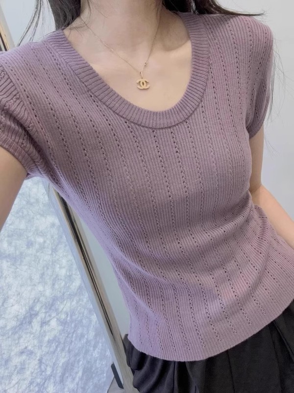 u领冰丝短袖针织衫女夏季薄款外穿弹力修身紧身麻花镂空透气上衣|undefined