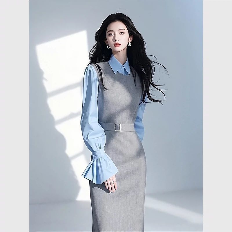 2026早春穿搭一整套职业女装小香风灰色背心连衣裙叠穿衬衫套装女