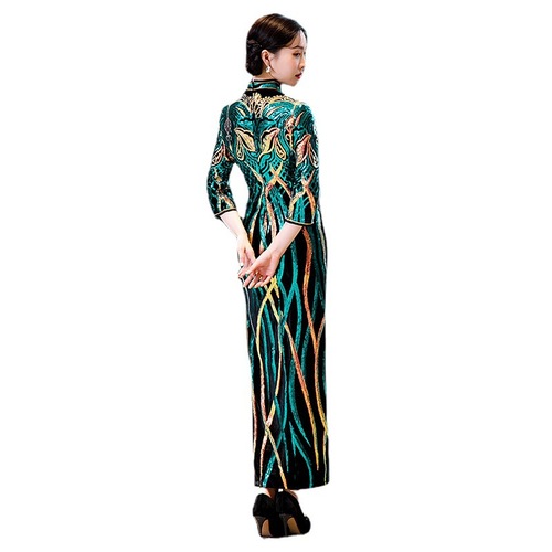 Green red Velvet sequined Chinese dresses oriental qipao for women banquet party cheongsam catwalk cheongsam Plus size long performance stage slim cheongsam