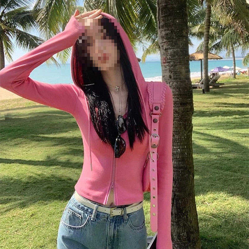 Hooded Slim-Fitting Short Slimming Top for Women in Spring and Autumn Double-Ended Zipper Design Age-Reducing Cardigan Waist-Cinching Top