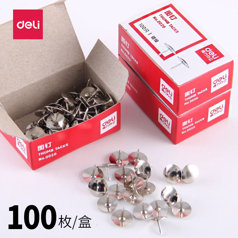 Deli pushpin 0020 metal round head pushpin 100 pieces/box push nail drawing board pushpin metal pushpin
