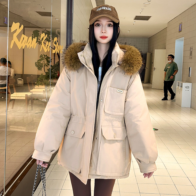 2025 nueva ropa de trabajo de algodón de invierno caliente chaqueta de algodón con capuzas a prueba de viento gran cuello de cabello suelto y grueso chaqueta de moda