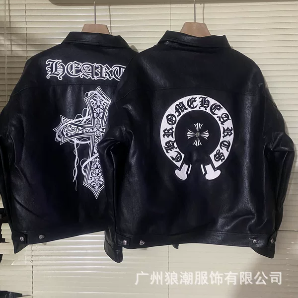 Cross-border ch Crow Sanskrit Cross Leather Embroidered Cotton Leather Coat Men's and Women's Baseball Suit Leather Motorcycle Jacket Trendy