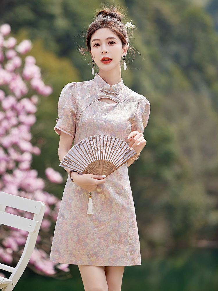 Váy maxi nữ phong cách Trung Quốc mới, cổ đứng cúc bọc, dáng dài vừa phải, thanh lịch thời trang — Màu xanh lam, Màu hồng