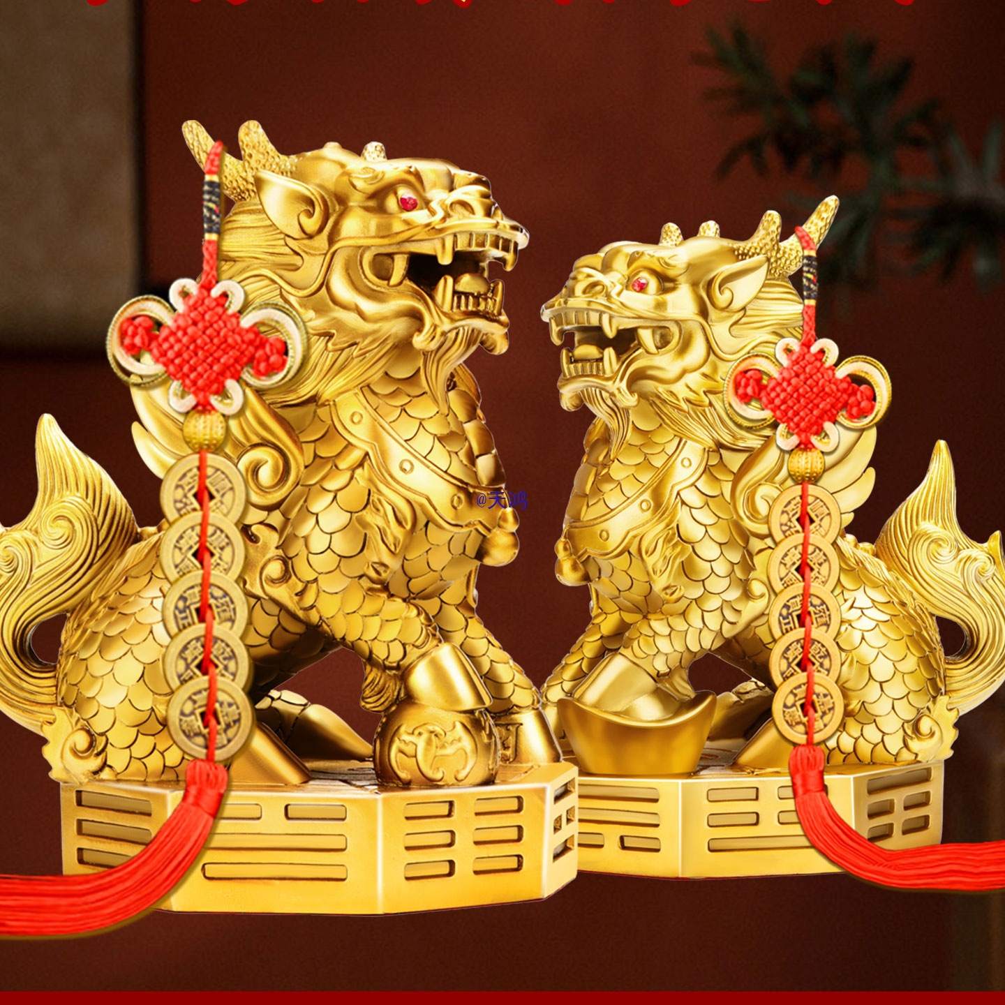 铜麒麟摆件一对八卦火麒麟公母入户玄关装饰工艺品办公室客厅摆饰