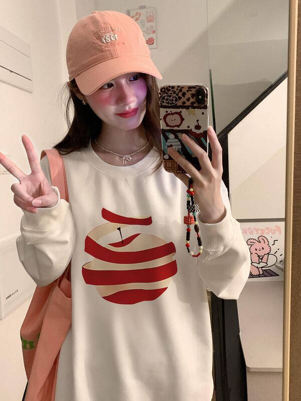 法式圆领白色苹果印花卫衣女秋季新款甜妹设计感小众宽松休闲上衣|undefined