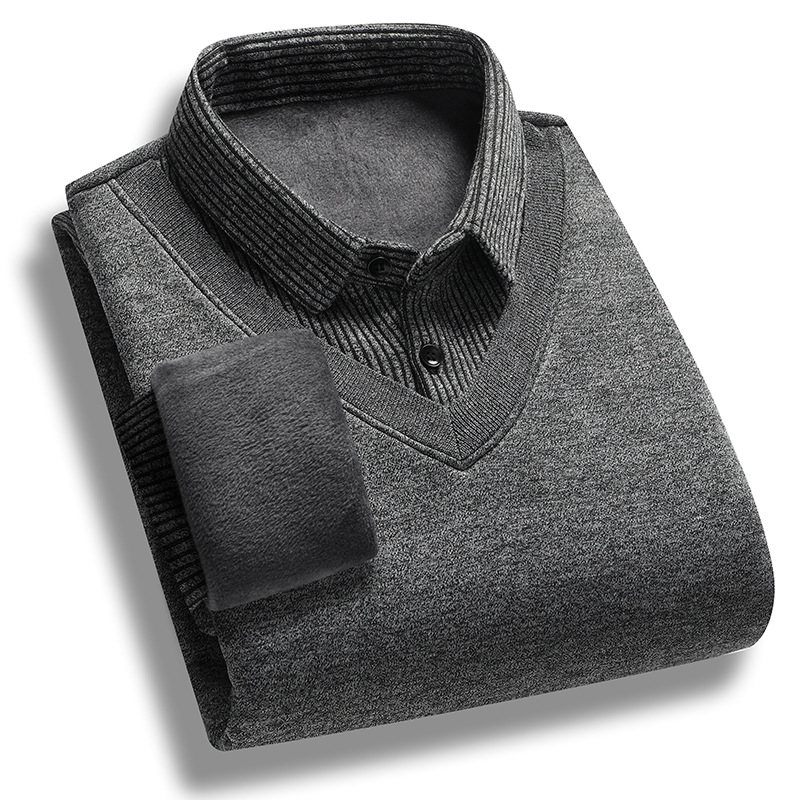 Autumn and Winter Velvet Fake Two-Piece Dad's Shirt, Middle-Aged and Elderly Shirt, Pullover Sweater, Casual Warm Clothing