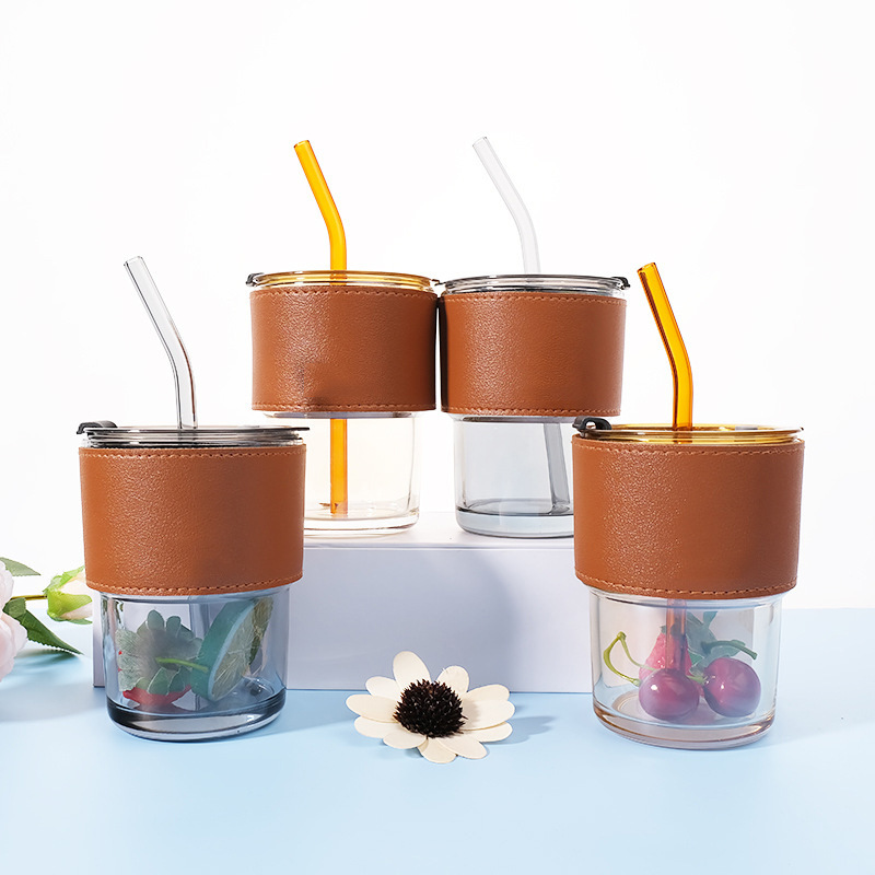 Water Cup Bamboo Joint Cup Convenient to Carry Cover with Skin Case Heat Resistant High Temperature Glass Cup Straw Cup Coffee Beverage Milk Cup