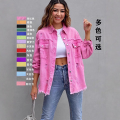 2025新款欧美风中长款毛边破洞牛仔外套女秋冬长袖休闲翻领上衣