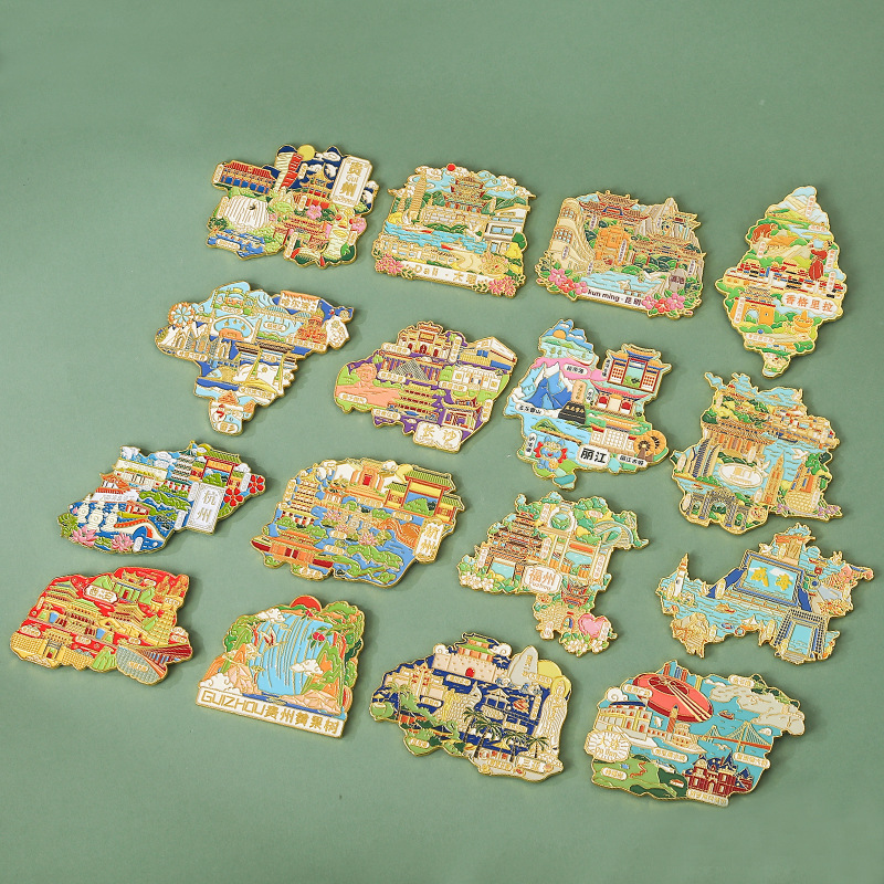 (2개) 푸저우시 지도 랜드마크 기념품 국가적 추세 크리에이티브 랜드마크 시리즈 냉장고 자석 금속 냉장고 자석 도매