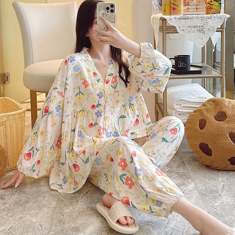 Cotton Silk Pajamas Women's Spring and Autumn Summer Long-sleeved Cotton Silk Home Clothes Thin Artificial Cotton suit Cute Internet Popular Small