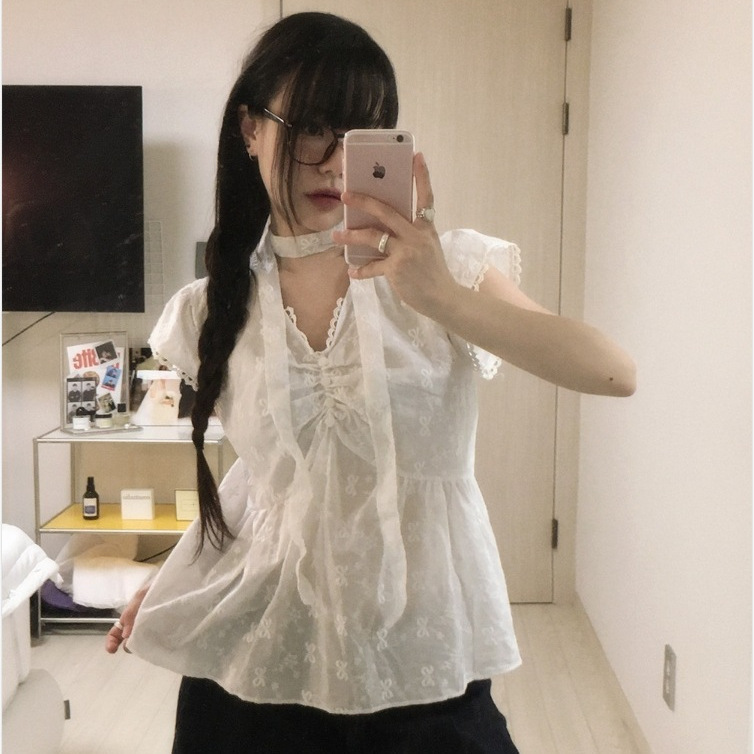 Korean Chic Summer Pleated Lace Stitching Pleated V Neck Bow Embroidered Sleeves Short-Sleeved Shirt Tops for Women