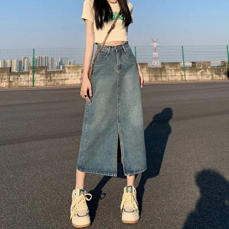 2025 New Retro Slit Denim Skirt for Women, Loose Slimming Look High Waist Mid-Length Versatile A-Line Skirt