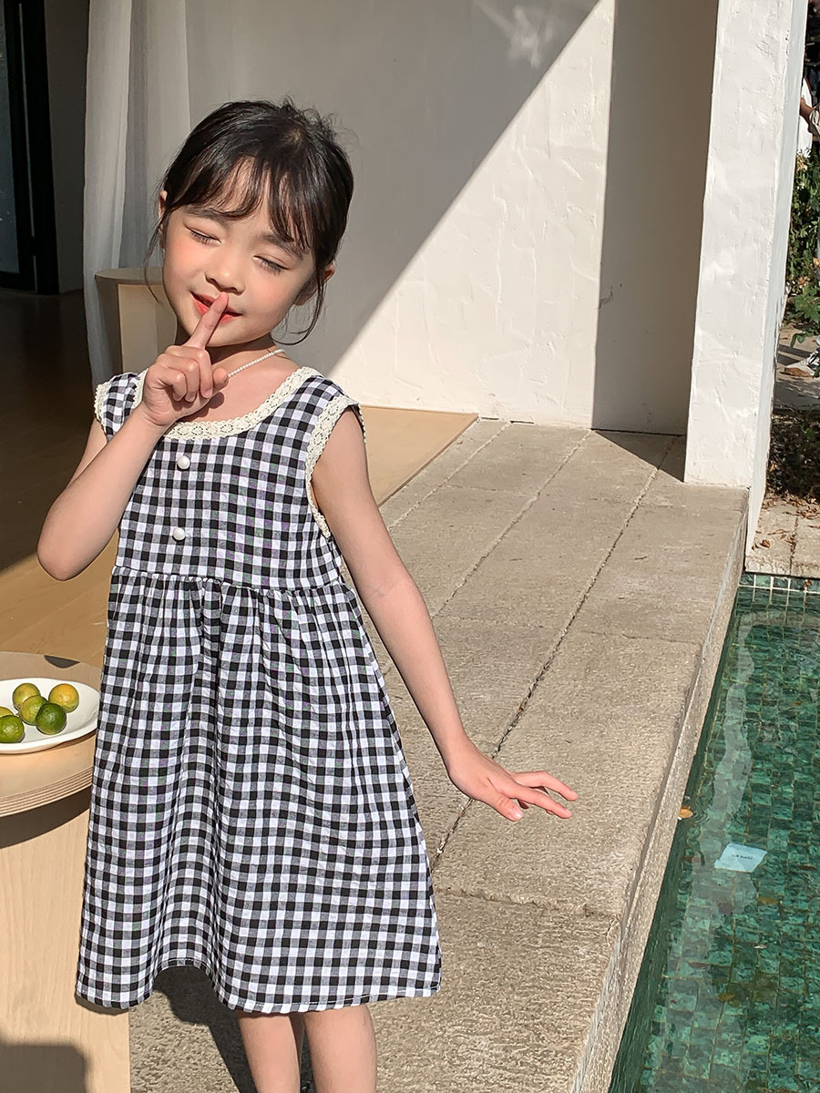 Baby Girl Korean Style Plaid Sleeveless Vest Dress 2025 Summer Kidsren's New Loose Backless Dress Princess Dress