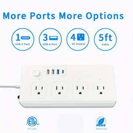 跨境美规排插usb多孔插线板快充PD40W家用桌面插座USBType-C充电