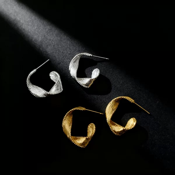 Copper Gold-Plated Japanese and Korean Twisted Metal Hoop Earrings for Women, New Light Luxury Niche High-End Earrings