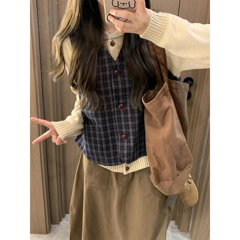 日系文艺清新小众复古格子马甲女学生+杏色开衫毛衣两件套|undefined