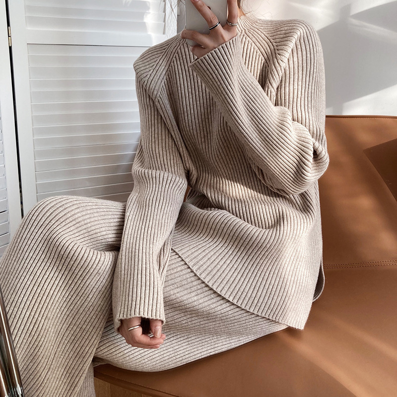 Women's Knitted Sweater Co-ords And Wide Leg Pants Two Piece Set_voghion.com