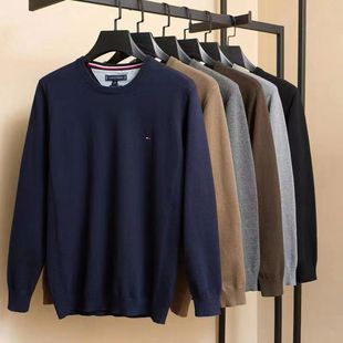 In stock autumn and winter Tommy men's solid color round neck pullover embroidered loose sweater bottoming sweater 1