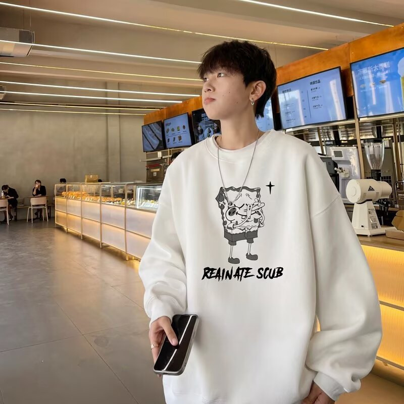 Simple and Trendy Japanese navy blue Spongebob Crewneck Sweater Men's Spring and Autumn Elegant Harajuku Artistic New Style