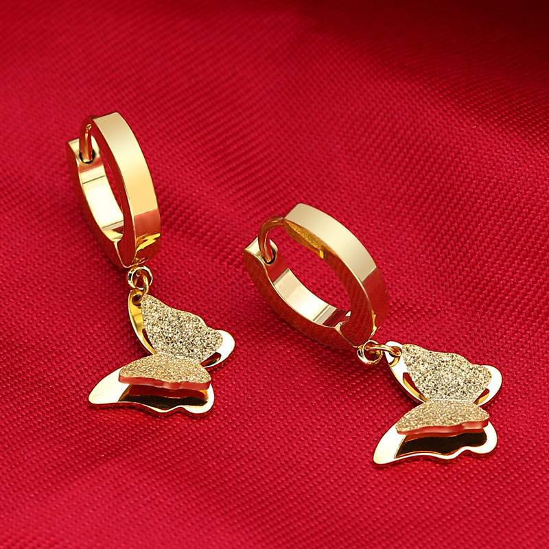 Wenjian moda titanio acero 18K oro rosa mariposa oído espárragos de las mujeres de estilo coreano esmerilado lindo dulce pendientes todo a juego