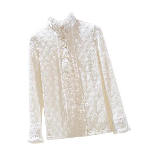 Lace bottomed shirt for women in autumn and winter new mesh long-sleeved warm figure-fitting velvet thick half-high collar top