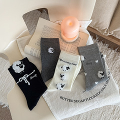 設計師款小羊羔可愛百搭諸暨中筒襪女春秋ins潮休閒白色棉襪批發