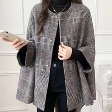 好质量有里布现货春秋热卖外套女斗篷披风中长款格子呢子大衣