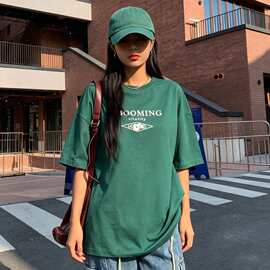 美式洋气字母印花绿色T恤26夏季新款休闲宽松显白圆领短袖上衣女