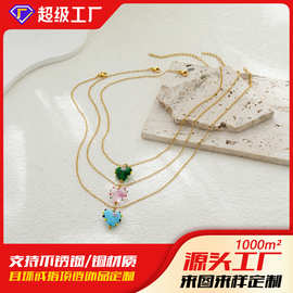 加工定制18K金巴胺多色爱心玫瑰花彩色琉璃吊坠不锈钢项链